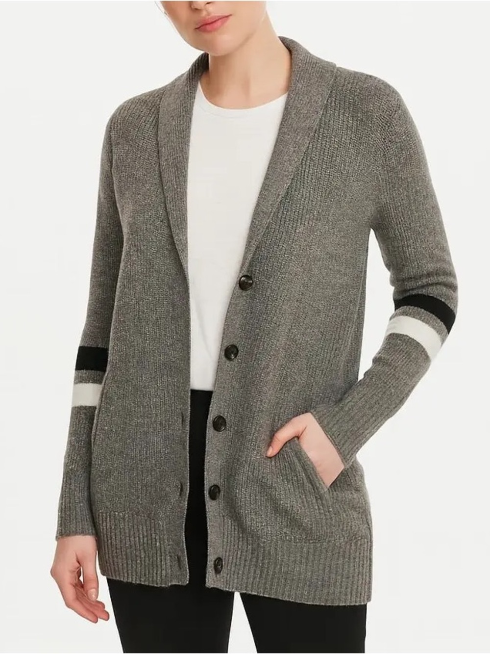 🩶 American Eagle Outfitters Gray Shawl Collar Varsity Stripe Cardigan M